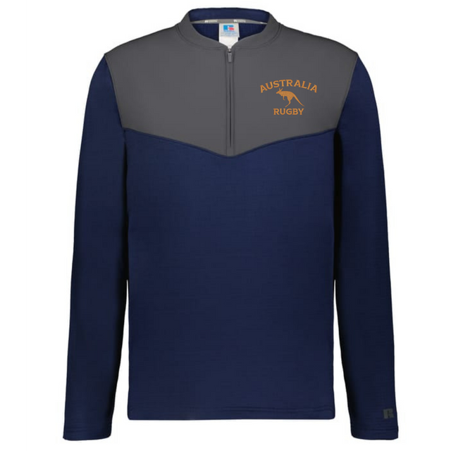 The EMB Augusta Nations of Rugby Australia Sideline Grid 1/4 Zip Pullover features navy and gray colors, "AUSTRALIA RUGBY" text, and a gold kangaroo logo on the upper left chest.