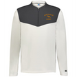 The EMB Augusta Nations of Rugby Australia Sideline Grid 1/4 Zip Pullover features a dark gray upper chest, white body, and "Australia Rugby" kangaroo logo—ideal for fans seeking stylish Australia rugby apparel.