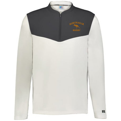 The EMB Augusta Nations of Rugby Australia Sideline Grid 1/4 Zip Pullover features a dark gray upper chest, white body, and "Australia Rugby" kangaroo logo—ideal for fans seeking stylish Australia rugby apparel.