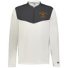 The EMB Augusta Nations of Rugby Australia Sideline Grid 1/4 Zip Pullover features a dark gray upper chest, white body, and "Australia Rugby" kangaroo logo—ideal for fans seeking stylish Australia rugby apparel.