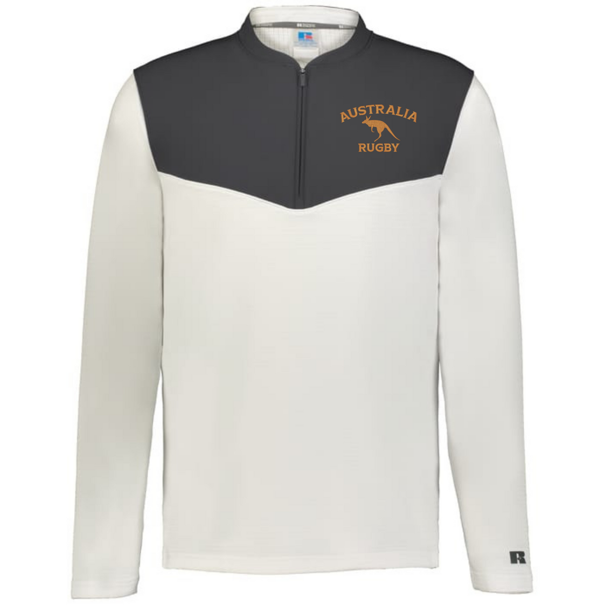 The EMB Augusta Nations of Rugby Australia Sideline Grid 1/4 Zip Pullover features long sleeves, a dark gray upper panel, white lower section, “Australia Rugby” text, and kangaroo logo on the chest—perfect for fans.