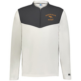 The EMB Augusta Nations of Rugby Australia Sideline Grid 1/4 Zip Pullover features long sleeves, a dark gray upper panel, white lower section, “Australia Rugby” text, and kangaroo logo on the chest—perfect for fans.