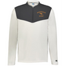 The EMB Augusta Nations of Rugby Australia Sideline Grid 1/4 Zip Pullover features long sleeves, a dark gray upper panel, white lower section, “Australia Rugby” text, and kangaroo logo on the chest—perfect for fans.