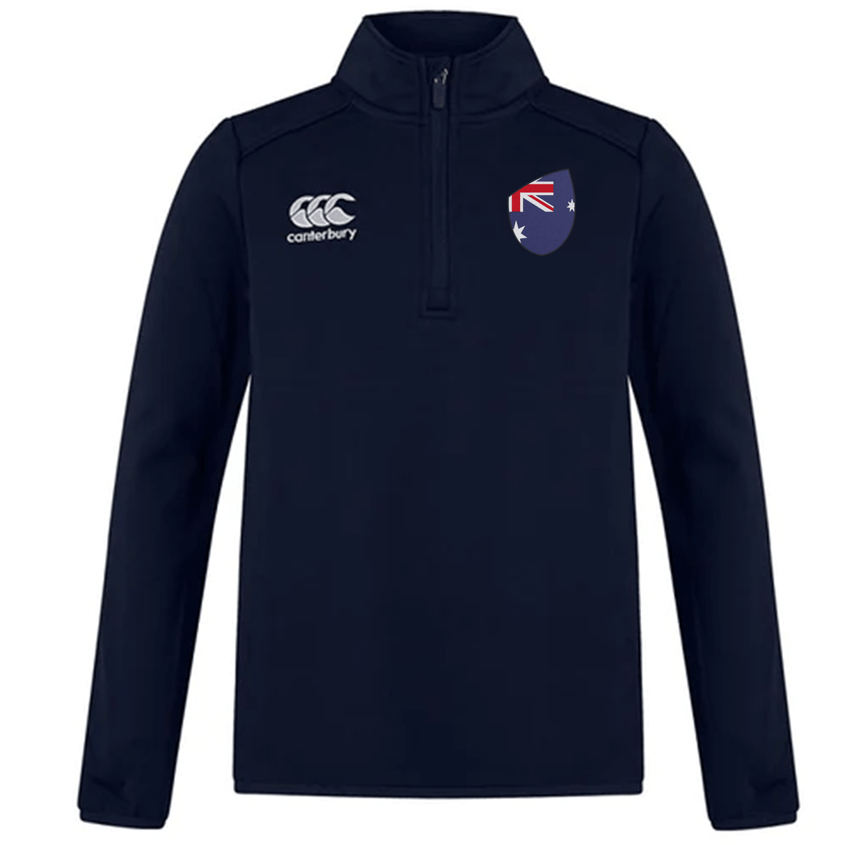 The Australia Club Shield 1/4 Zip Training Top by EMB Canterbury is a navy polyester fleece featuring the CCC logo on the right and a stylized Australian flag crest on the left.
