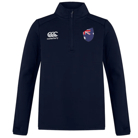 The Australia Club Shield 1/4 Zip Training Top by EMB Canterbury is a navy polyester fleece featuring the CCC logo on the right and a stylized Australian flag crest on the left.