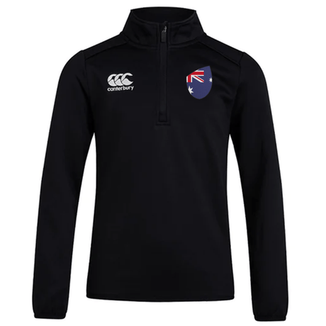 The Australia Club Shield 1/4 Zip Training Top by EMB Canterbury is crafted from polyester fleece. It features the CCC logo on the left chest and the Australian flag emblem on the right.