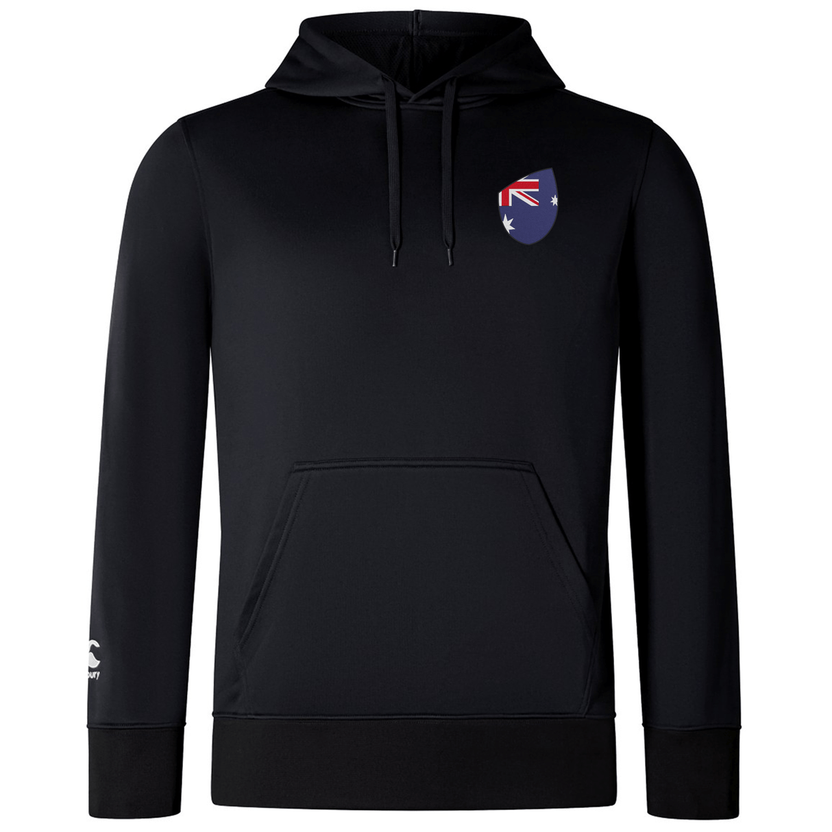 The black Australia Shield Club Lightweight Hoodie by EMB Canterbury features a kangaroo badge with an Australian flag design on the chest, embroidered details, a front pocket, and a drawstring hood for ultimate comfort.