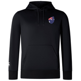 The black Australia Shield Club Lightweight Hoodie by EMB Canterbury features a kangaroo badge with an Australian flag design on the chest, embroidered details, a front pocket, and a drawstring hood for ultimate comfort.