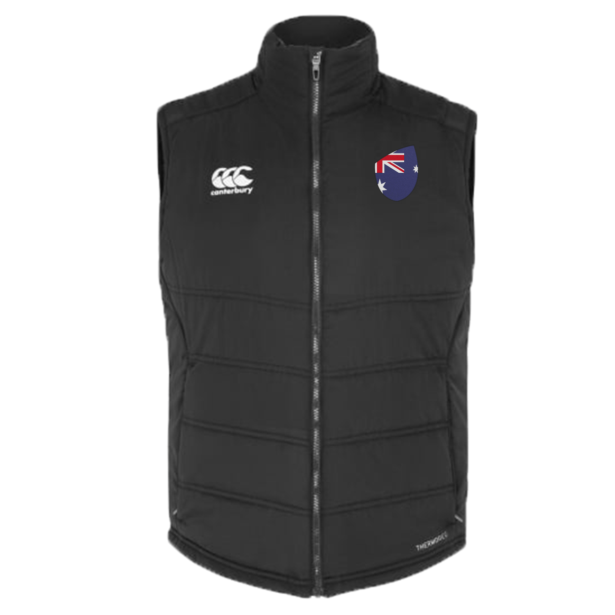 The EMB Canterbury Australia Shield Core Gilet is a stylish black sleeveless vest featuring a quilted design, the Canterbury logo on the left, an Australia Shield patch with stars and a bird on the right, and a front zipper closure, making it perfect for any occasion.