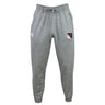 The American University Leisure Sweatpants by EMB Canterbury are gray, made from recycled polyester fleece, and feature a drawstring waist, a small logo on the left thigh, and a patch on the right thigh.