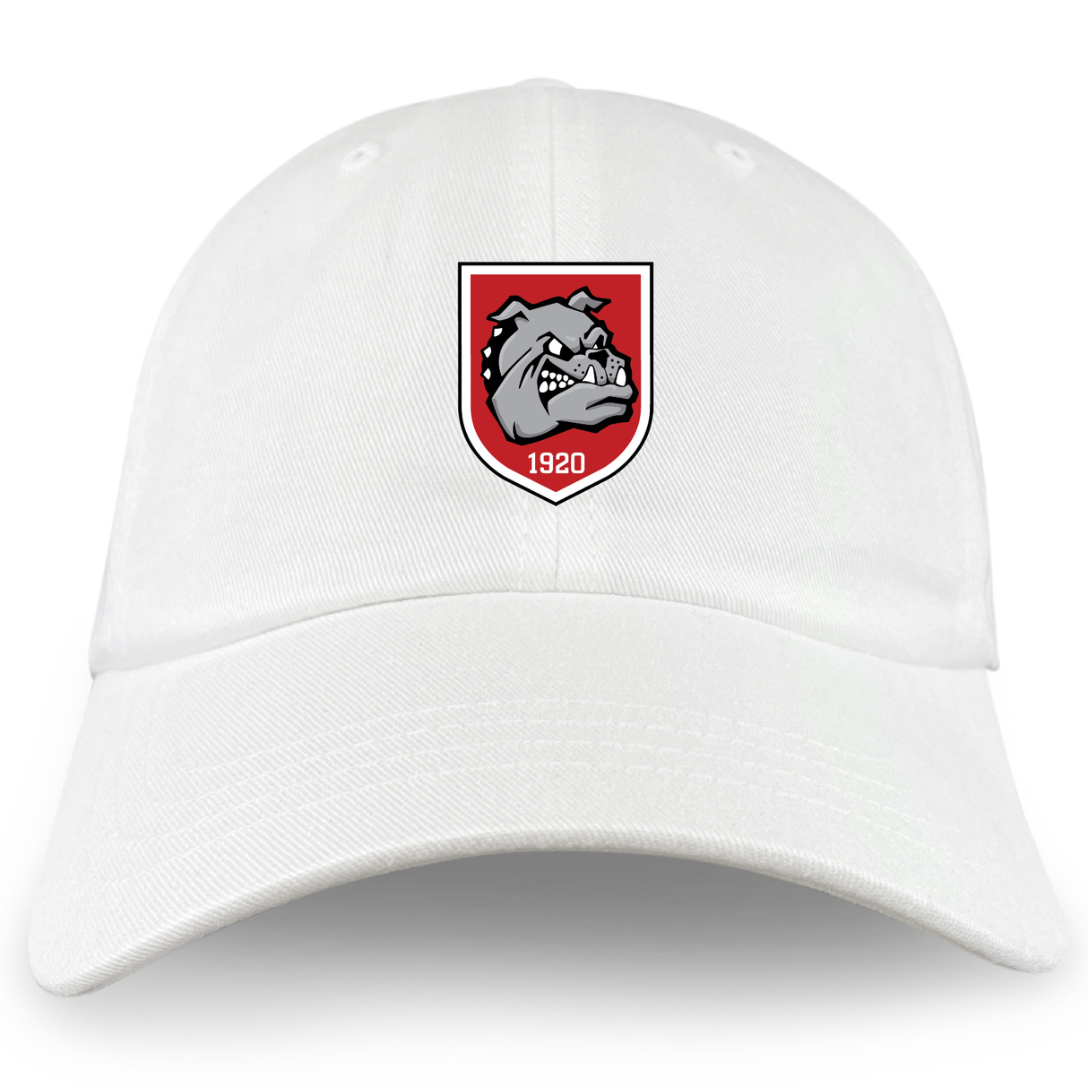 The AG Bulldogs Adult Low-Profile Cotton Twill Dad Cap by EMB S&S Activewear is a white cotton twill hat featuring a red and gray embroidered bulldog logo with "1920" below it on the front.