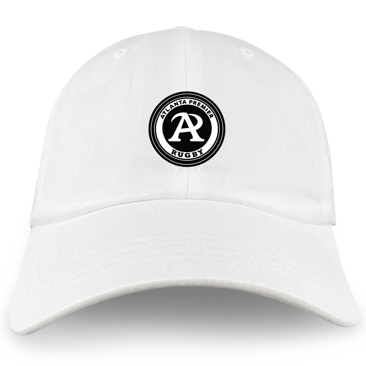The Atlanta Premier Rugby Club Adult Low-Profile Cotton Twill Dad Cap by EMB S&S Activewear features a circular black and white team logo on front center—a great hat for rugby fans and players.