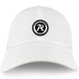 The Atlanta Premier Rugby Club Adult Low-Profile Cotton Twill Dad Cap by EMB S&S Activewear features a circular black and white team logo on front center—a great hat for rugby fans and players.