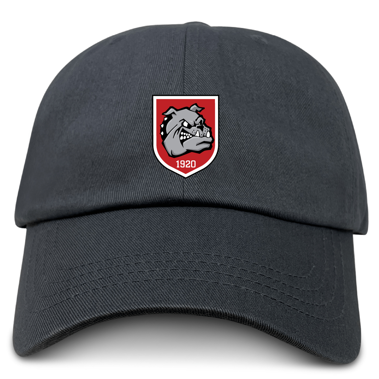 The AG Bulldogs Adult Low-Profile Cotton Twill Dad Cap by EMB S&S Activewear is a black cap with an embroidered shield emblem, bulldog face, and "1920" on the front.