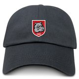 The AG Bulldogs Adult Low-Profile Cotton Twill Dad Cap by EMB S&S Activewear is a black cap with an embroidered shield emblem, bulldog face, and "1920" on the front.