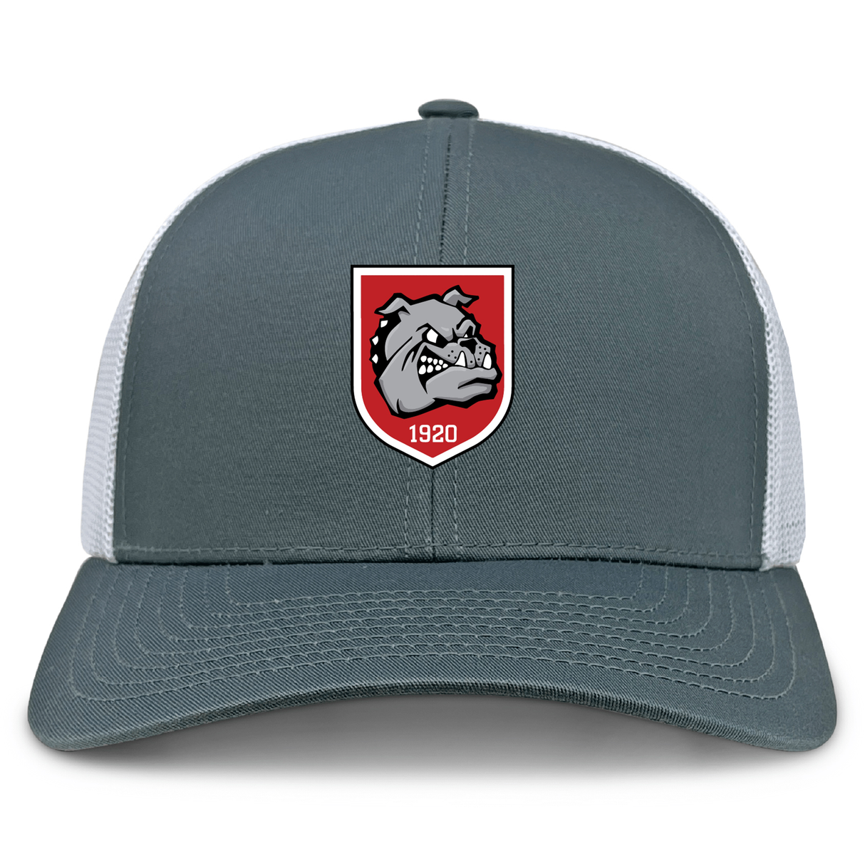 The AG Bulldogs Retro Trucker Cap by EMB S&S Activewear features a gray and white design, an embroidered bulldog logo with "1920" on a red shield, and an adjustable snapback closure for a perfect fit.