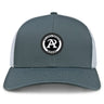 The Atlanta Premier Rugby Club Retro Trucker Cap by EMB S&S Activewear features a gray and white design, a circular embroidered logo on the front, and a snapback closure.