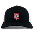 The AG Bulldogs Retro Trucker Cap by EMB S&S Activewear features a black and white design, embroidered bulldog logo with "1920" on a red shield, and an adjustable snapback closure.