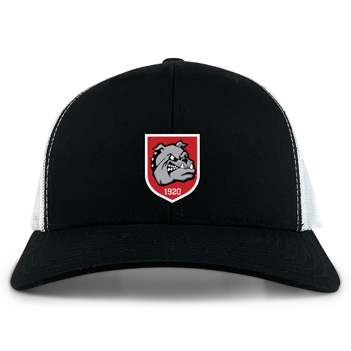 The AG Bulldogs Retro Trucker Cap by EMB S&S Activewear features a black and white design, embroidered bulldog logo with "1920" on a red shield, and an adjustable snapback closure.
