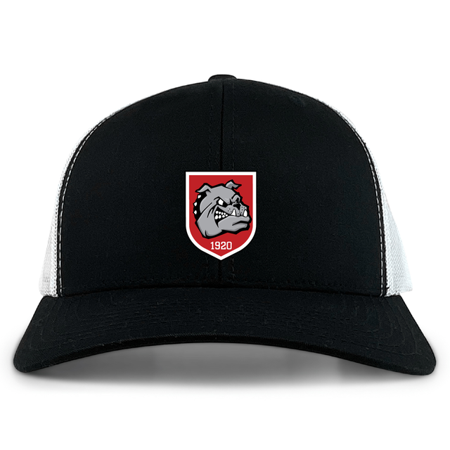 The AG Bulldogs Retro Trucker Cap by EMB S&S Activewear features a black and white design, embroidered bulldog logo with "1920" on a red shield, and an adjustable snapback closure.