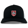 The AG Bulldogs Retro Trucker Cap by EMB S&S Activewear features a black and white design, embroidered bulldog logo with "1920" on a red shield, and an adjustable snapback closure.