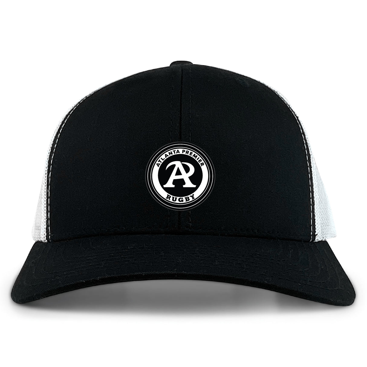 The Atlanta Premier Rugby Club Retro Trucker Cap by EMB S&S Activewear features a black and white design, an embroidered "A" Rugby Premier logo patch, and a classic snapback closure for adjustable fit.