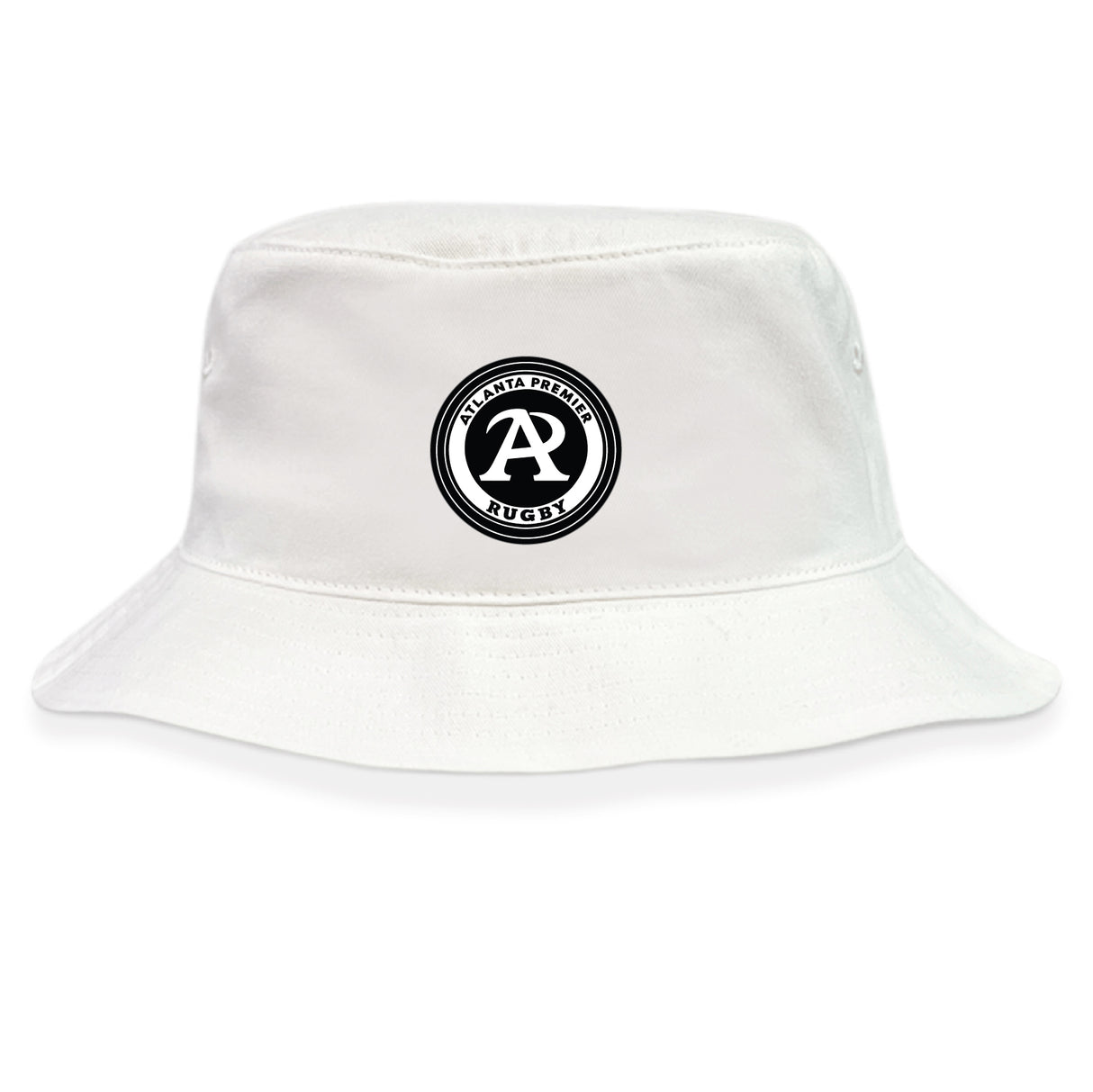 The Atlanta Premier Rugby Club Crusher Bucket Cap by EMB S&S Activewear features a circular team logo on white cotton, delivering comfortable sun protection for any outing.