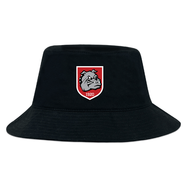 The AG Bulldogs Crusher Bucket Cap by EMB S&S Activewear is a black cotton twill hat with a red and white shield emblem, bulldog graphic, and "1920" on the front, delivering stylish sun protection.