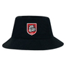 The AG Bulldogs Crusher Bucket Cap by EMB S&S Activewear is a black cotton twill hat with a red and white shield emblem, bulldog graphic, and "1920" on the front, delivering stylish sun protection.