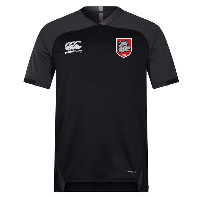 The AG Bulldogs Vapodri Evader Jersey by EMB Canterbury features short sleeves, a white Canterbury logo, a red and white bulldog team crest, and "Vapodri" text on the front to highlight its moisture-wicking technology.