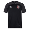 The AG Bulldogs Vapodri Evader Jersey by EMB Canterbury features short sleeves, a white Canterbury logo, a red and white bulldog team crest, and "Vapodri" text on the front to highlight its moisture-wicking technology.