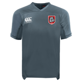 The EMB Canterbury AG Bulldogs Vapodri Evader Jersey is a grey short-sleeve top with a white right-chest logo, red and white bulldog emblem on the left, and moisture-wicking tech for all-day comfort.