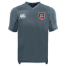 The EMB Canterbury AG Bulldogs Vapodri Evader Jersey is a grey short-sleeve top with a white right-chest logo, red and white bulldog emblem on the left, and moisture-wicking tech for all-day comfort.