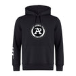 The Atlanta Premier Rugby Club Club Hoodie by WRS Canterbury is a black hoodie with a circular Atlanta Premier Rugby logo on the front and three white stripes on the left sleeve.
