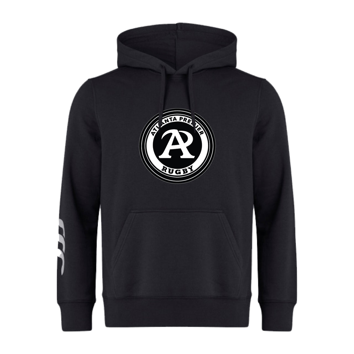 The Atlanta Premier Rugby Club Club Hoodie by WRS Canterbury is a black hoodie with a circular Atlanta Premier Rugby logo on the front and three white stripes on the left sleeve.
