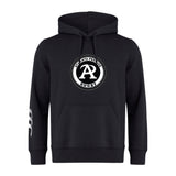 The Atlanta Premier Rugby Club Club Hoodie by WRS Canterbury is a black hoodie with a circular Atlanta Premier Rugby logo on the front and three white stripes on the left sleeve.