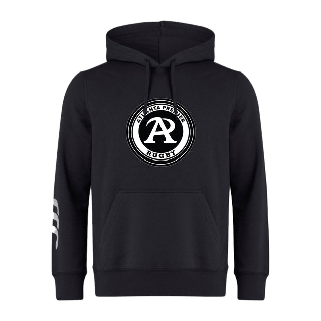 The Atlanta Premier Rugby Club Club Hoodie by WRS Canterbury is a black hoodie with a circular Atlanta Premier Rugby logo on the front and three white stripes on the left sleeve.