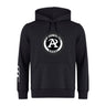 The Atlanta Premier Rugby Club Club Hoodie by WRS Canterbury is a black hoodie with a circular Atlanta Premier Rugby logo on the front and three white stripes on the left sleeve.