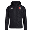The EMB Canterbury AG Bulldogs Club Vaposhield Full Zip Rain Jacket features a black hood, white Canterbury logo on the right chest, bulldog emblem on the left, and water-resistant VapoShield technology.