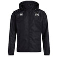 The Atlanta Premier Rugby Club Vaposhield Full Zip Rain Jacket by EMB Canterbury is a black hooded rain jacket with front zipper, featuring the Canterbury logo on the right chest and circular "A" logo on the left, made with water-resistant VapoShield tech.