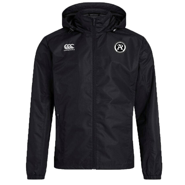 The Atlanta Premier Rugby Club Vaposhield Full Zip Rain Jacket by EMB Canterbury is a black hooded rain jacket with front zipper, featuring the Canterbury logo on the right chest and circular "A" logo on the left, made with water-resistant VapoShield tech.