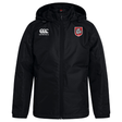 The AG Bulldogs Club Vaposhield Stadium Jacket by EMB Canterbury is a black, padded jacket with the Canterbury logo on the right chest and a shield-shaped bulldog badge on the left.
