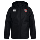 The AG Bulldogs Club Vaposhield Stadium Jacket by EMB Canterbury is a black, padded jacket with the Canterbury logo on the right chest and a shield-shaped bulldog badge on the left.