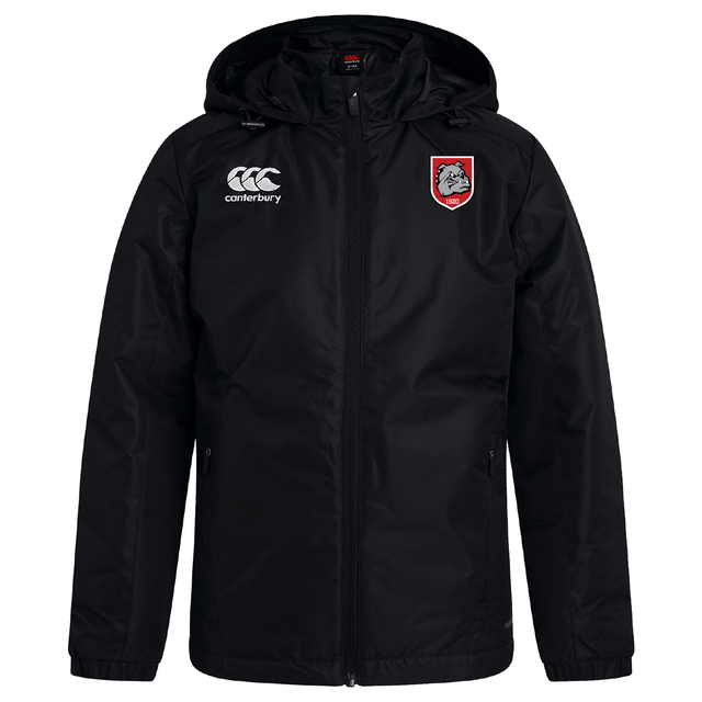 The AG Bulldogs Club Vaposhield Stadium Jacket by EMB Canterbury is a black, padded jacket with the Canterbury logo on the right chest and a shield-shaped bulldog badge on the left.