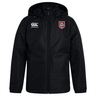 The AG Bulldogs Club Vaposhield Stadium Jacket by EMB Canterbury is a black, padded jacket with the Canterbury logo on the right chest and a shield-shaped bulldog badge on the left.