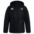 The Atlanta Premier Rugby Club Vaposhield Stadium Jacket by EMB Canterbury features a black hooded design, front zipper, padded insulation, Canterbury logo on the right chest, and a circular AP Rugby badge on the left chest.