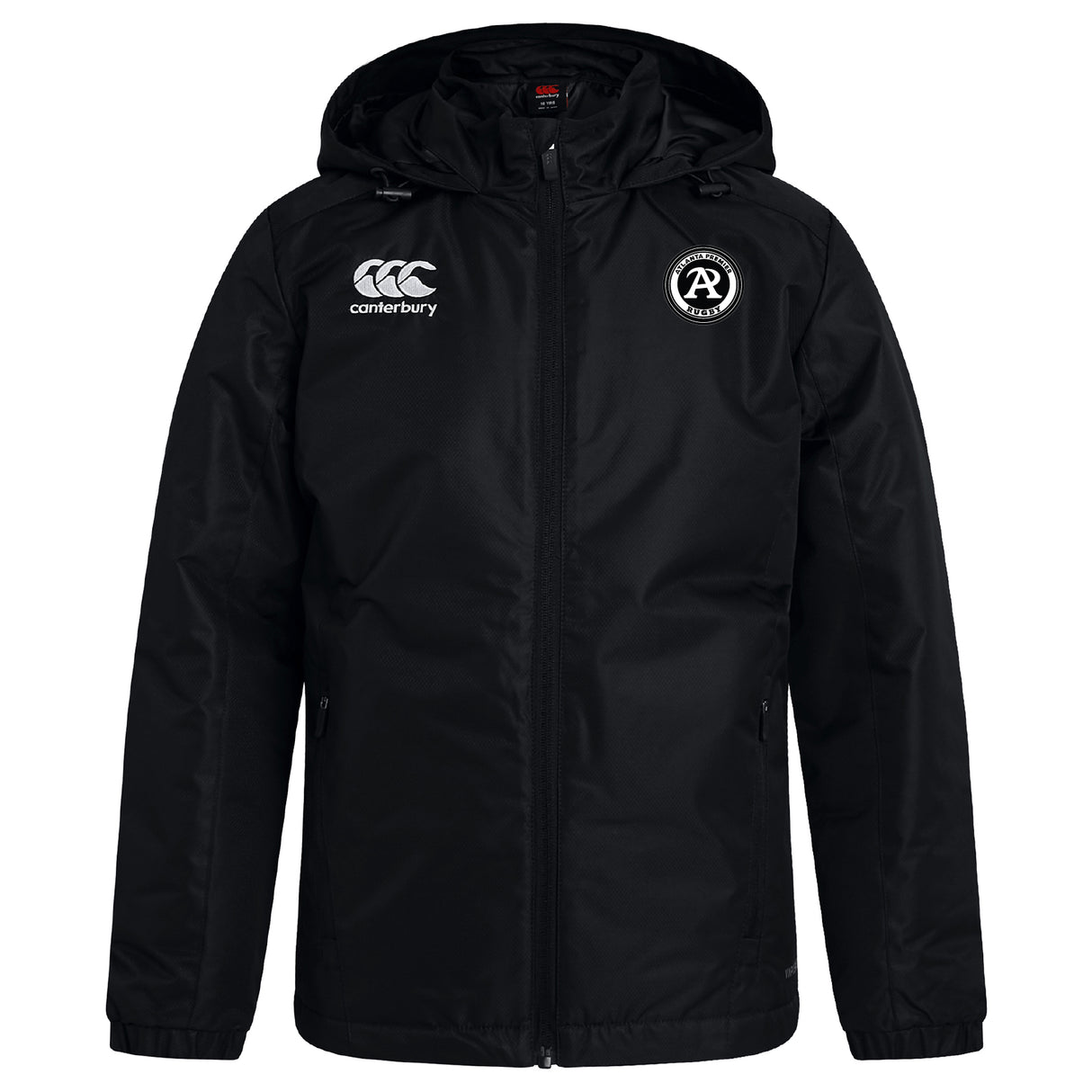 The Atlanta Premier Rugby Club Vaposhield Stadium Jacket by EMB Canterbury features a black hooded design, front zipper, padded insulation, Canterbury logo on the right chest, and a circular AP Rugby badge on the left chest.