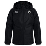 The Atlanta Premier Rugby Club Vaposhield Stadium Jacket by EMB Canterbury features a black hooded design, front zipper, padded insulation, Canterbury logo on the right chest, and a circular AP Rugby badge on the left chest.