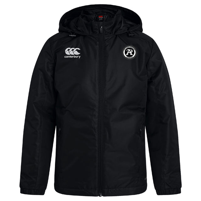 The Atlanta Premier Rugby Club Vaposhield Stadium Jacket by EMB Canterbury features a black hooded design, front zipper, padded insulation, Canterbury logo on the right chest, and a circular AP Rugby badge on the left chest.