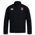 The AG Bulldogs Club Track Jacket by EMB Canterbury is a black lightweight jacket with long sleeves, featuring a white Canterbury logo on the right chest and a red-and-white bulldog crest on the left.
